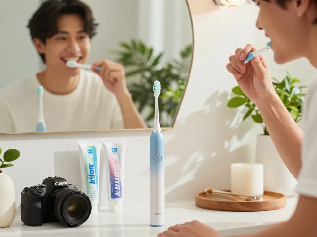 Laifen electric toothbrush in a stylish bathroom with a young professional brushing teeth, showcasing modern design and care.
