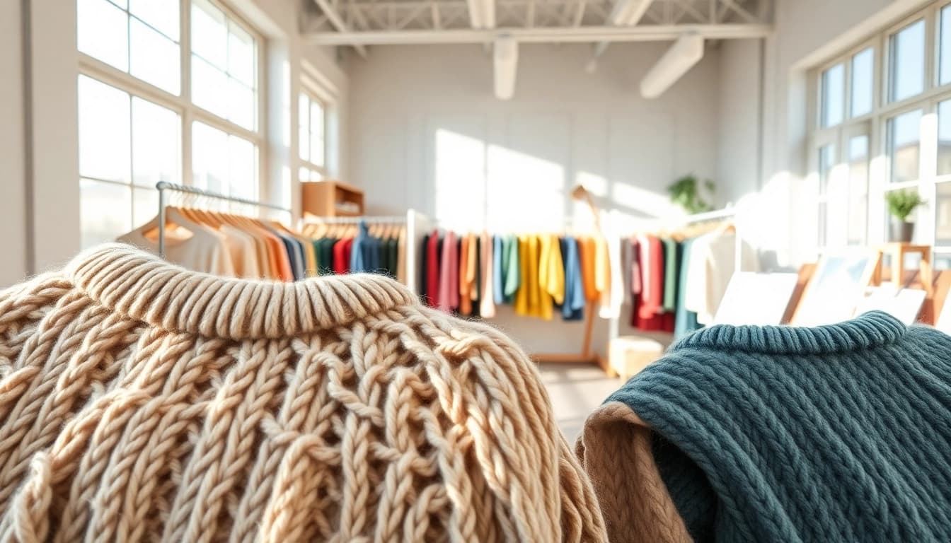 Showcasing custom apparel manufacturer knitwear in a bright studio with vibrant colors and intricate designs.