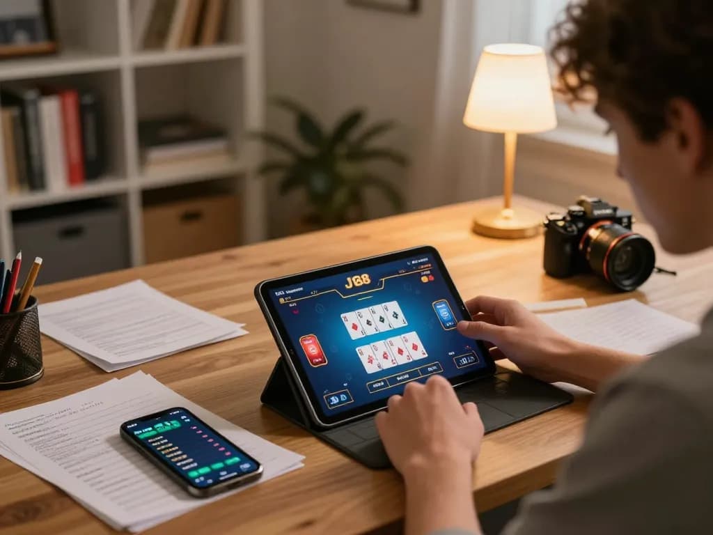 Experience the excitement of J188 online poker gameplay on a tablet at home, showcasing strategic betting.