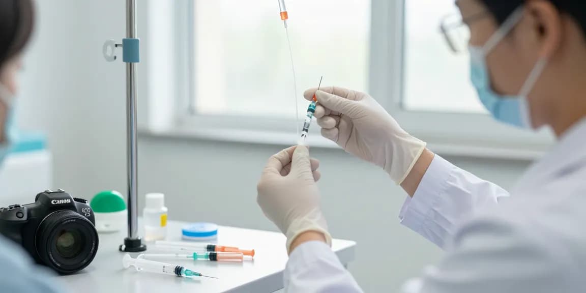 Health professional preparing an iv catheter with medical supplies in a clinical setting.