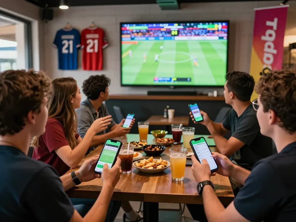 Friends enjoying a sports night while placing bets on Topbet app in a lively lounge.