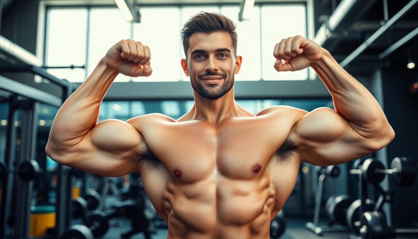 Showcase of Canadian anabolics with a bodybuilder in an energetic gym environment.