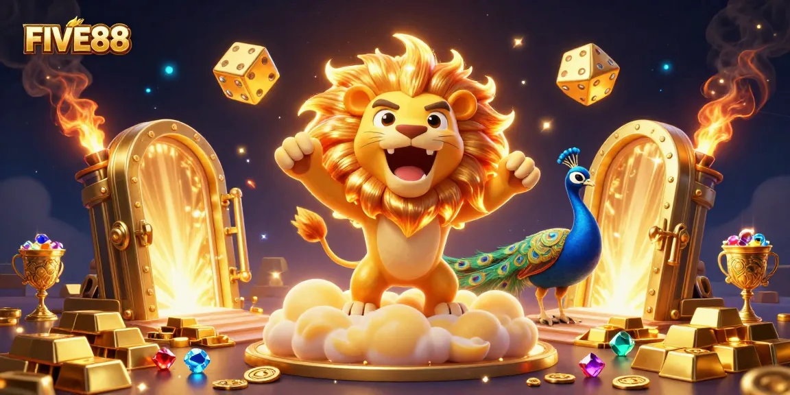 Experience exciting wins at FIVE88 with a vibrant 3D scene showcasing dynamic casino elements.