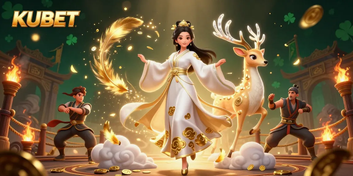 KUBET provides a thrilling casino experience with a dynamic scene of a stylish woman and mystical deer amidst golden game elements.