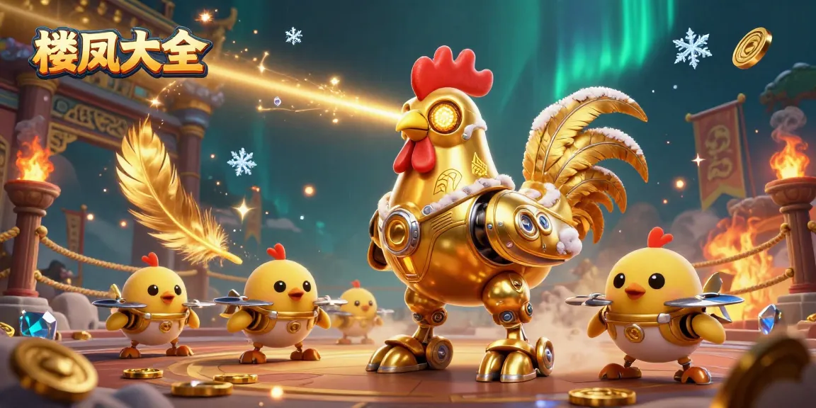 Experience excitement at 楼凤大全 with a vibrant 3D scene featuring a futuristic golden rooster robot amidst dynamic casino elements.