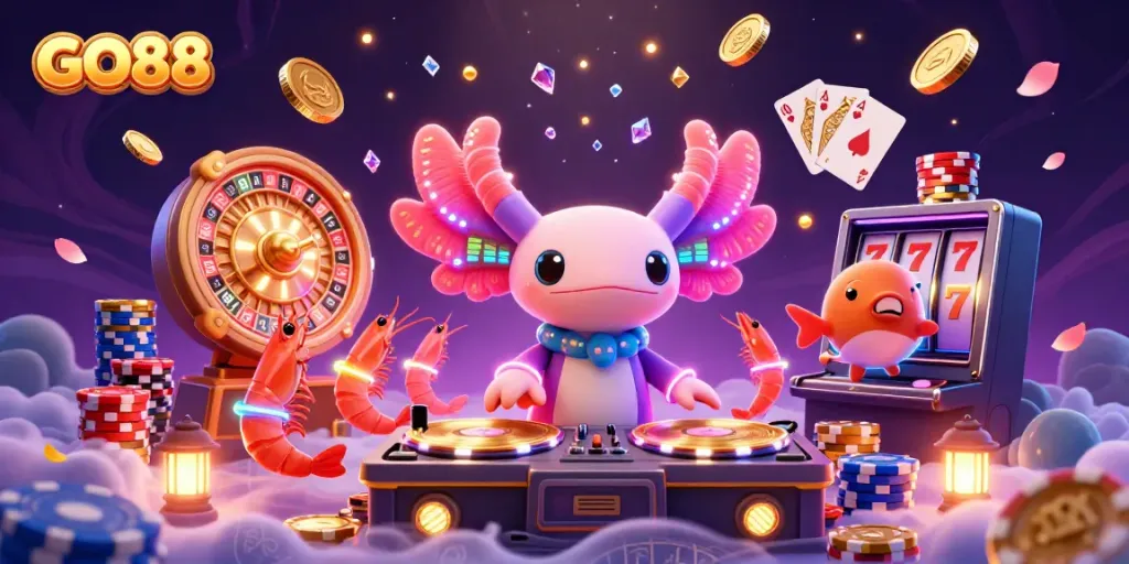 Engage with GO88 at a vibrant underwater casino featuring a DJ axolotl, dancing shrimp, and dynamic game elements.