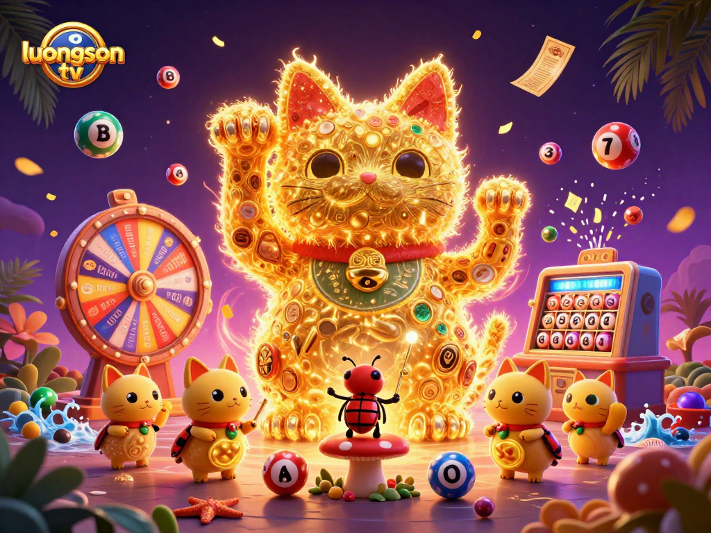 Experience exciting casino vibes with luongson tv's vibrant lucky cat and golden symbols.