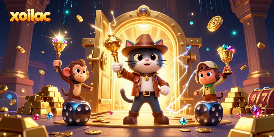Xoilac showcases an adventurous scene with characters unearthing casino treasures amidst vibrant gambling elements.