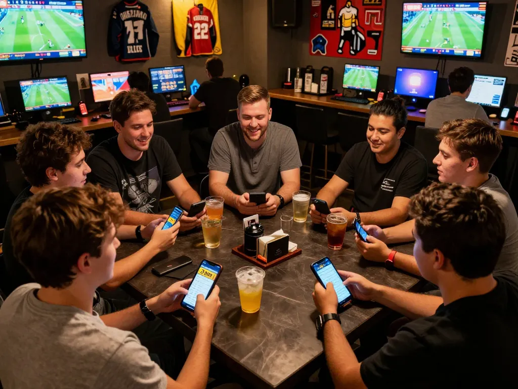 A group of friends placing bets on 33win1 app in a lively sports bar atmosphere.
