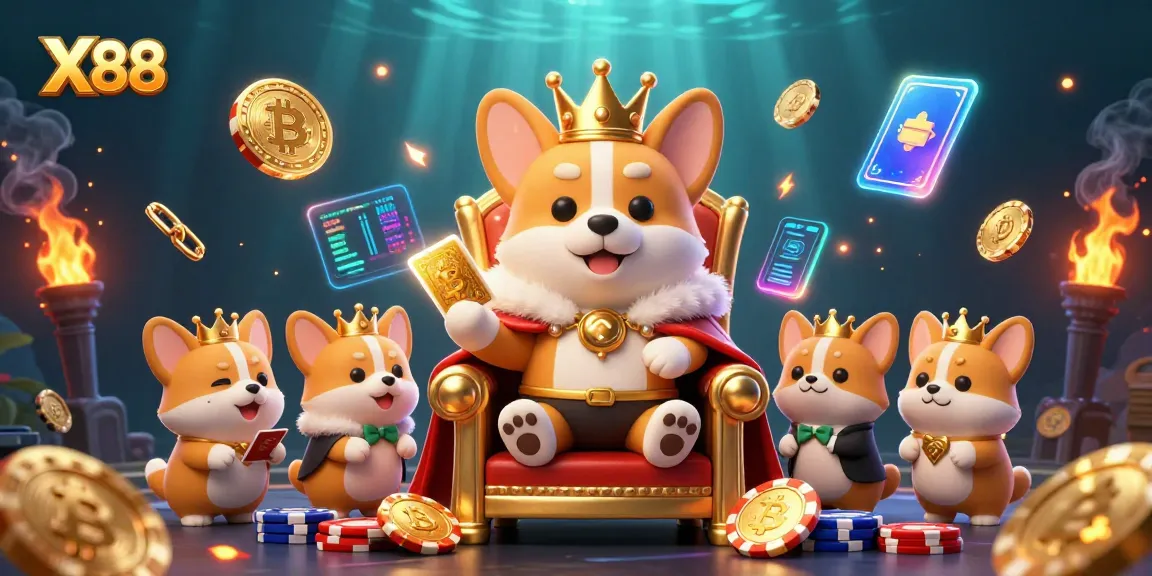 X88 offers thrilling casino adventures with a corgi king on a throne of chips, showcasing crypto elements.