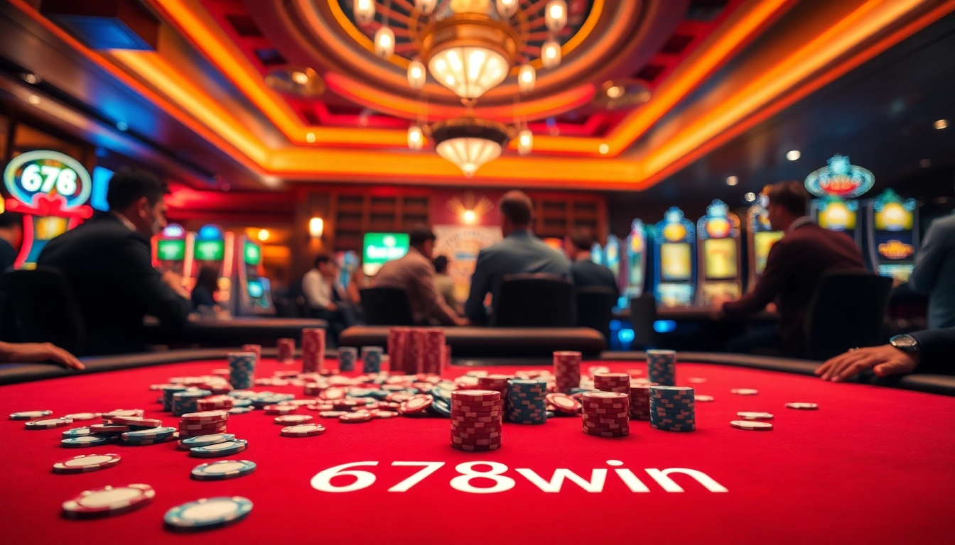 Experience the excitement of 678win with players enjoying a thrilling poker game at a luxurious casino.