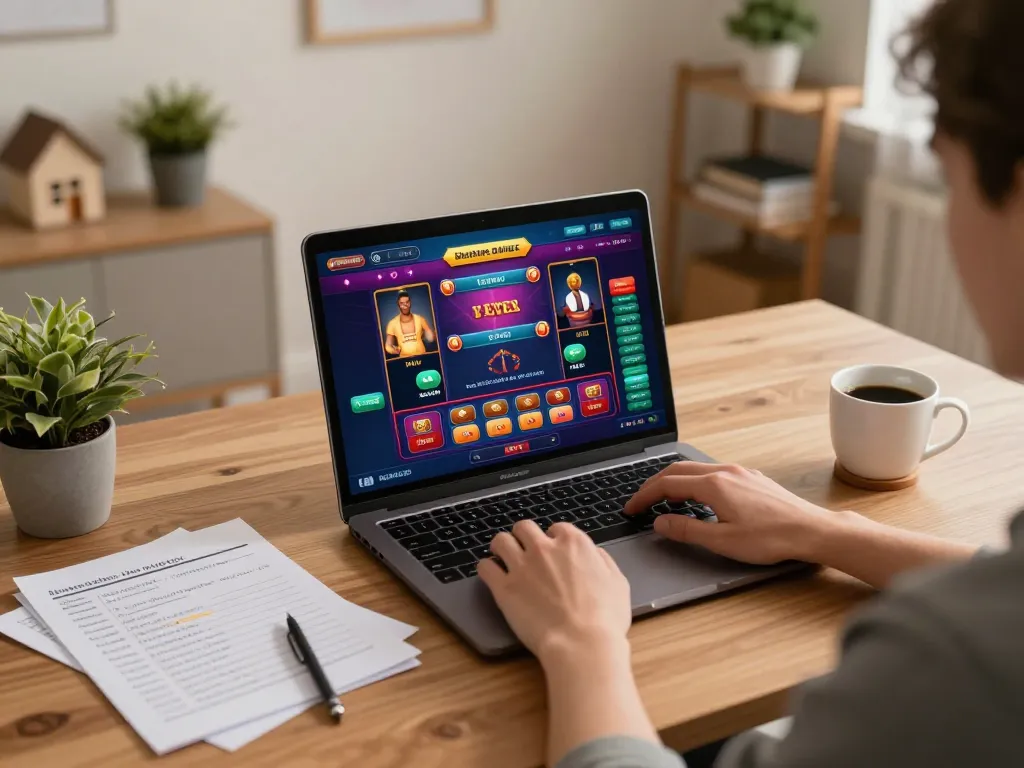 Engaged player on o8casino laptop, enjoying strategic gameplay in a cozy home office.