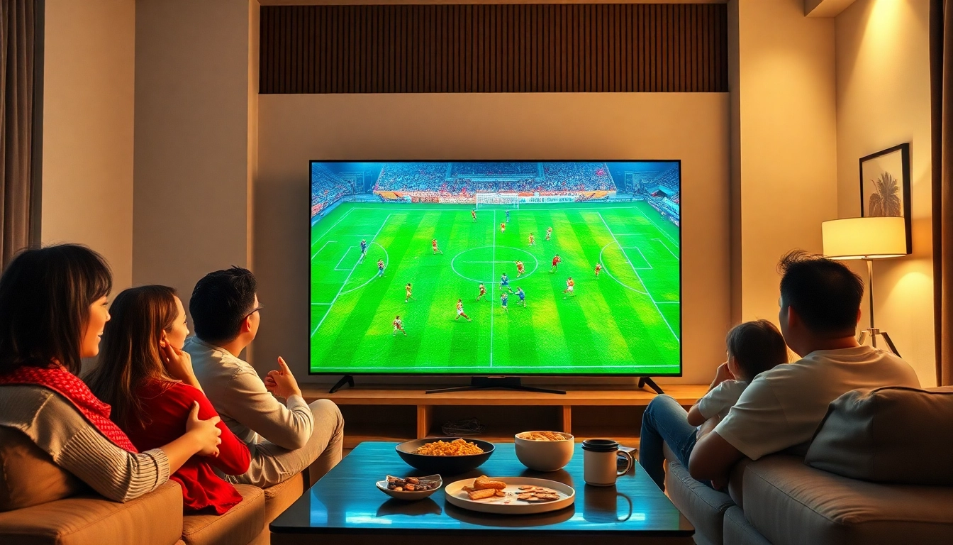 Family enjoying a football match on Luongsontv in a cozy living room.