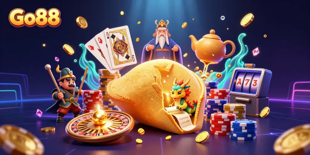 Engage with Go88's thrilling casino games featuring vibrant characters and golden treasures.