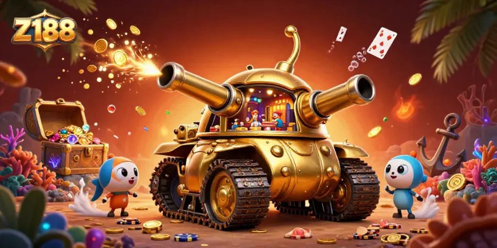 Engage in thrilling gameplay at Z188, where vibrant casino elements surround a dynamic golden beetle tank.