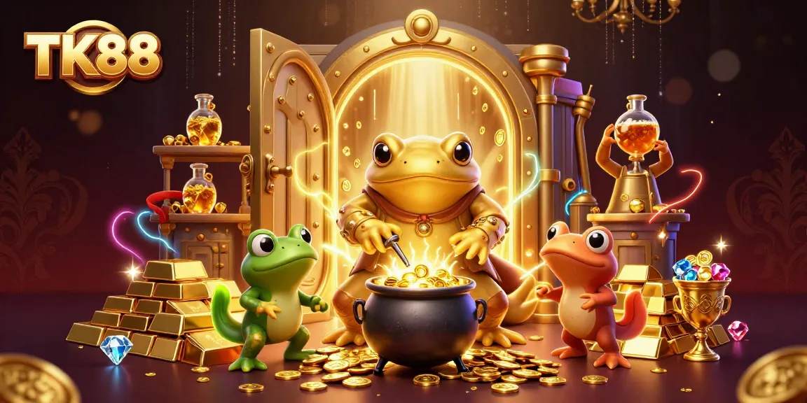 Experience the excitement of TK88 with golden treasures and magical characters in this vibrant casino scene.