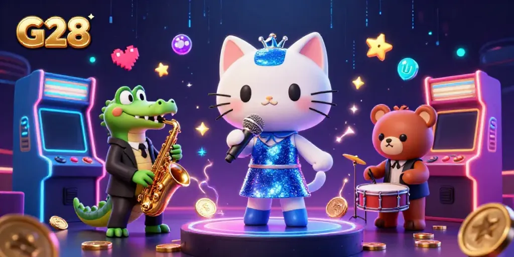 Experience the excitement of G28 with a jazzy casino performance featuring vibrant characters and gaming elements.