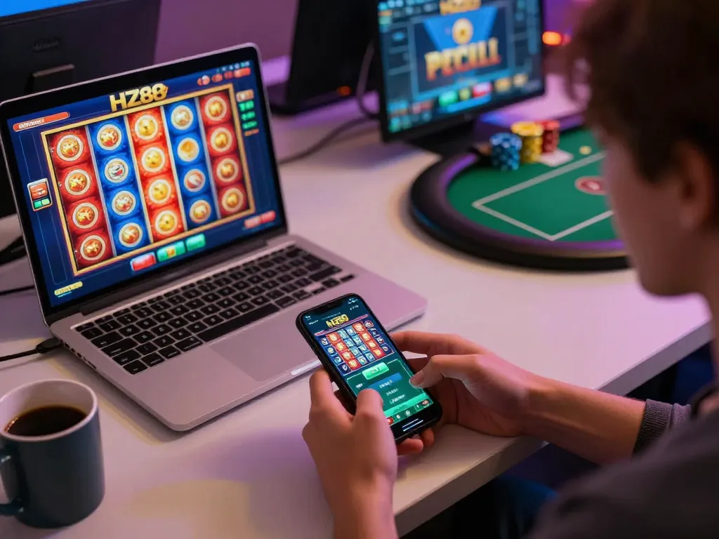 An engaged player using the HZ88 mobile app for gaming, showing slots and betting interface.