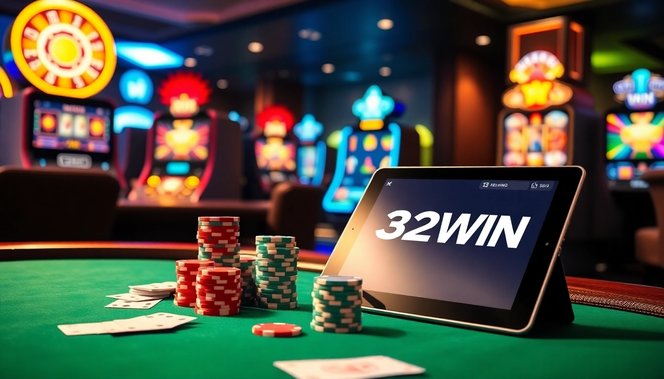 Experience high-stakes gambling with 32WIN at a vibrant casino table filled with poker chips and cards.