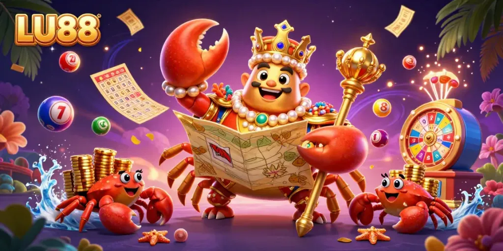 LU88 showcases a golden crab emperor amidst exciting casino elements, capturing the thrill of online gaming.