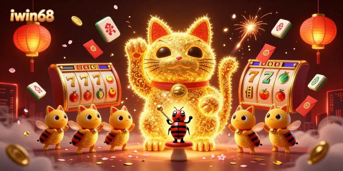 Engage in winning jackpots at iwin68 with vibrant symbols and a lucky cat illustration.
