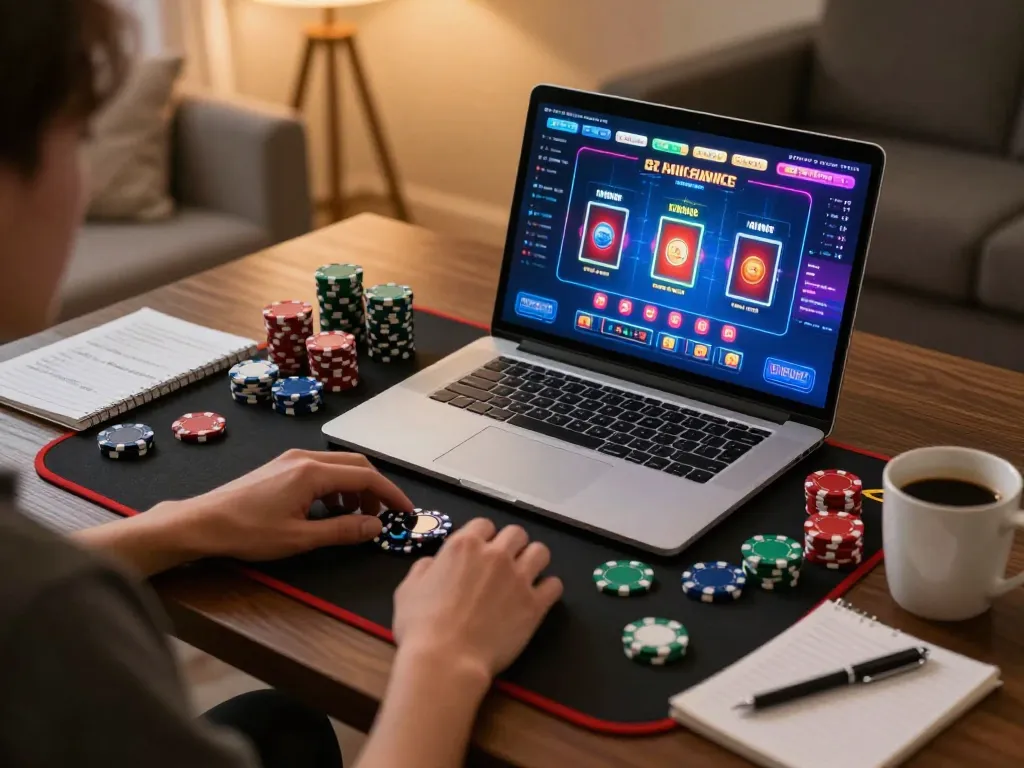 Person engaged in online casino gaming at home, showcasing gen88h interface on laptop surrounded by poker chips.