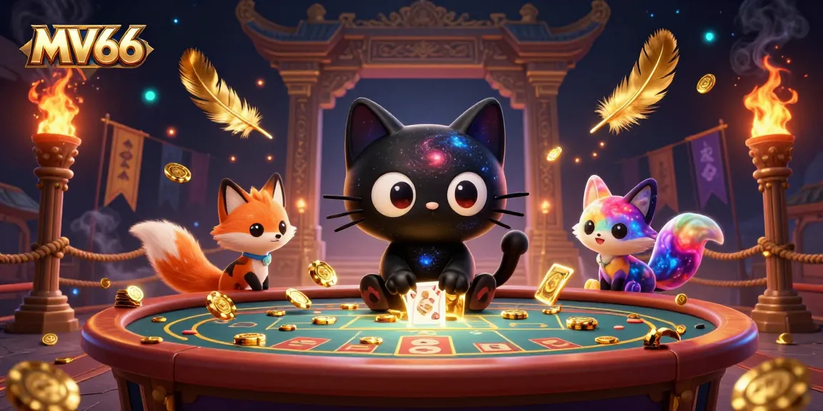 Experience exciting gameplay with MV66 as a cosmic cat draws in golden chips in a vibrant casino scene.