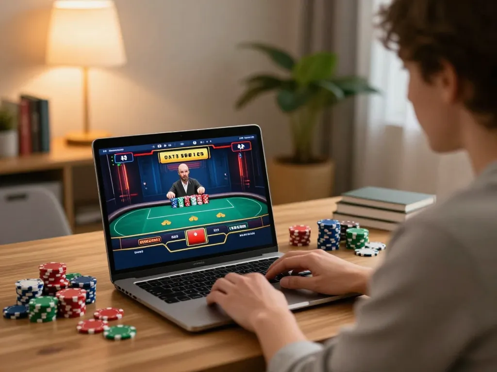 Engaging scene of person playing online poker on laptop in stylish home setting, focusing on DA88 strategy and excitement.