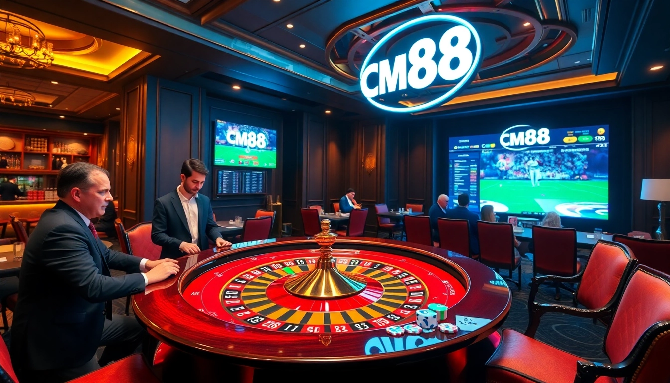Experience the thrill of CM88 with vibrant roulette and betting scenes in a luxurious casino.