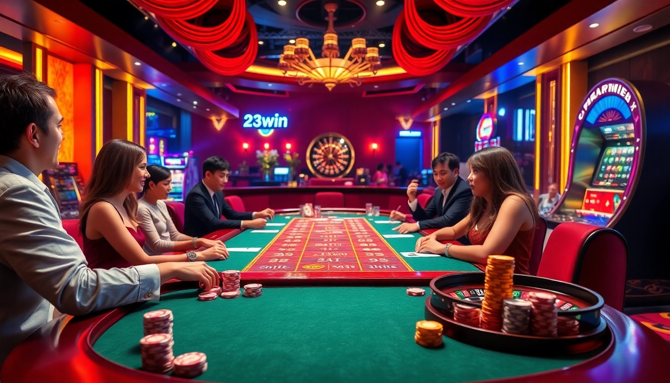 Players joyously engaging at a lively 23win casino table, capturing thrilling moments of gambling excitement.