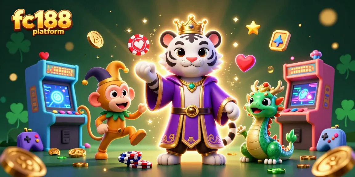 Engage with the vibrant fc188 platform showcasing a lively casino scene featuring whimsical characters and gaming elements.