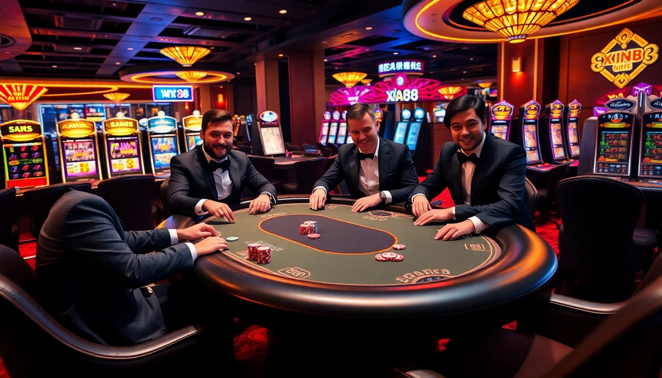 Experience high-stakes gambling action at xin88 with vibrant poker tables and luxury ambiance.