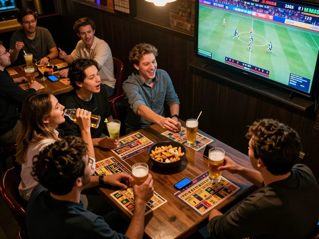 Excited friends placing bets on MM88 during a live sports event, enjoying a vibrant bar atmosphere.