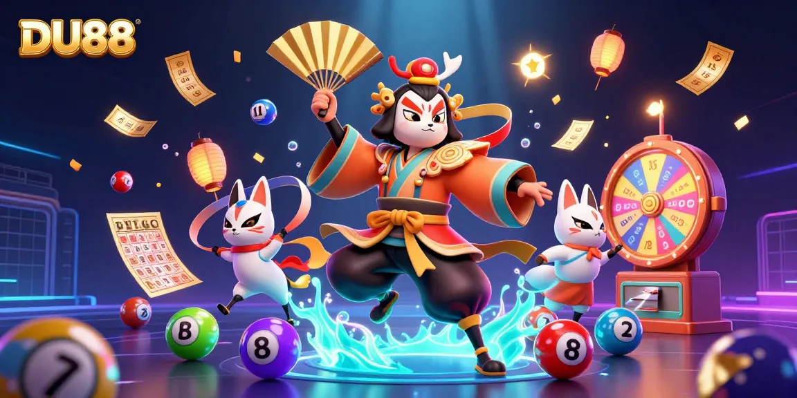 Engage in thrilling gaming at DU88 with a dynamic 3D illustration showcasing vibrant lottery elements.