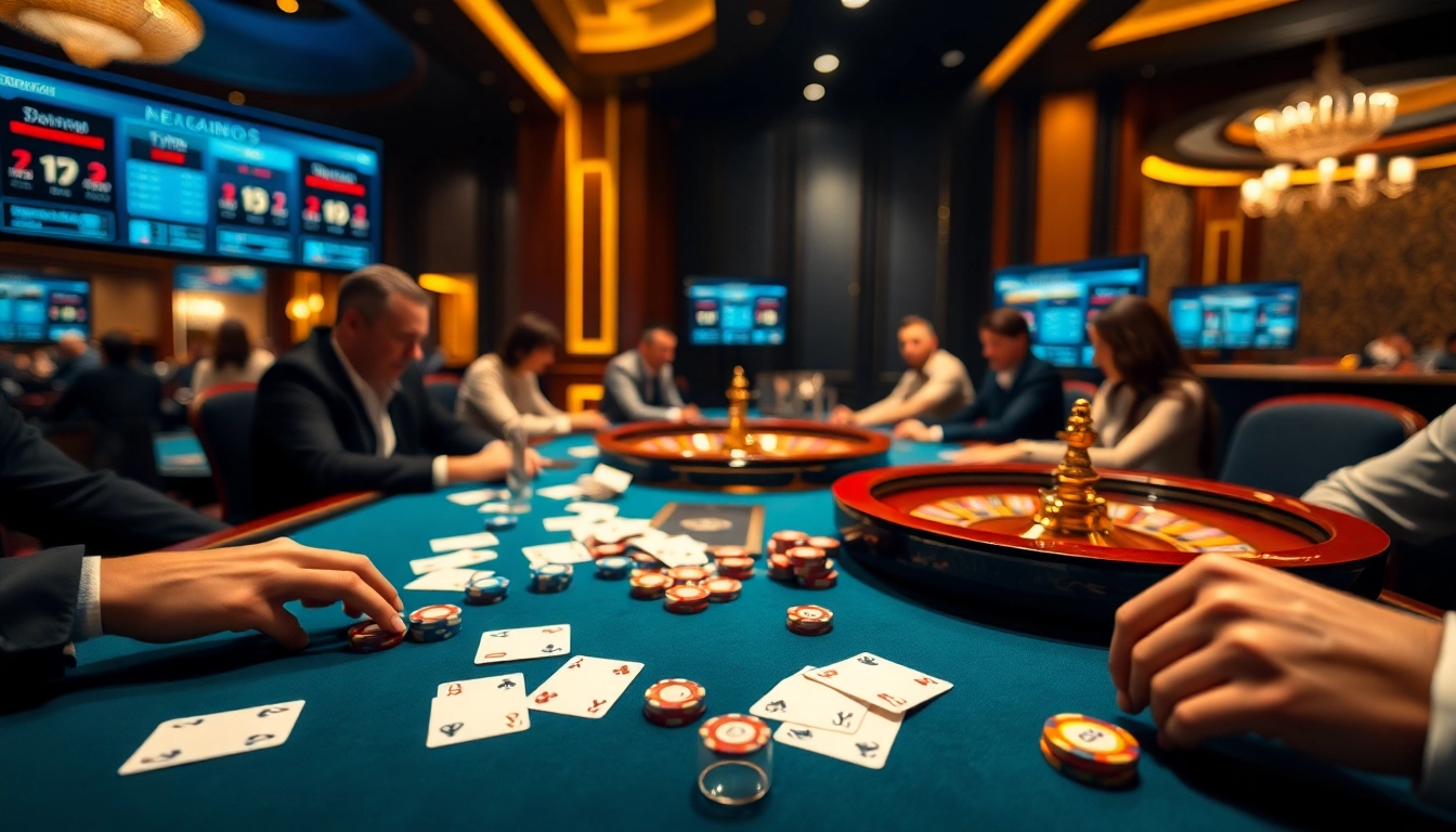 A poker game in a luxurious casino featuring neu88 on digital betting screens.