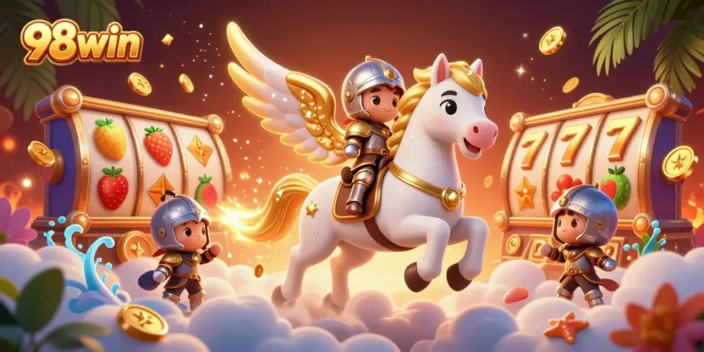 Spin the slots with 98win's vibrant casino art featuring golden horse and charming knight.