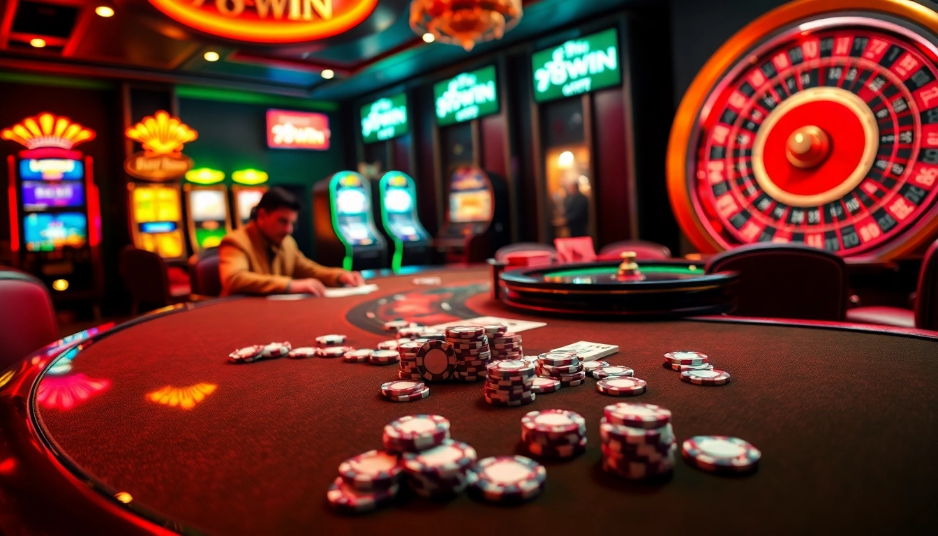 Players enjoying thrilling games at 78Win casino under rich ambient lighting.