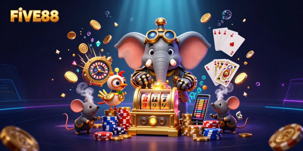 Engage in thrilling slots at FIVE88 with a 3D steampunk elephant engineer and stunning casino elements.