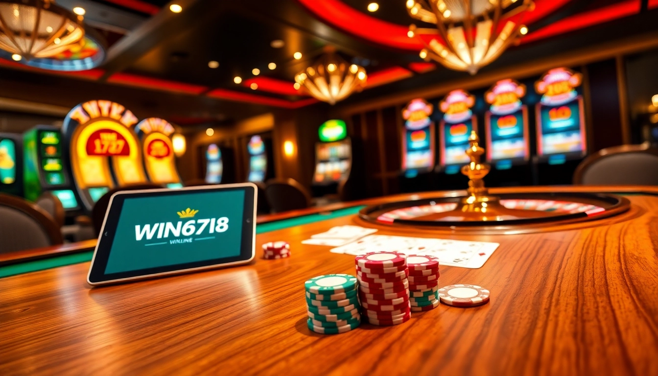 WIN678 casino scene featuring a poker table, roulette wheel, and vibrant slot machines.