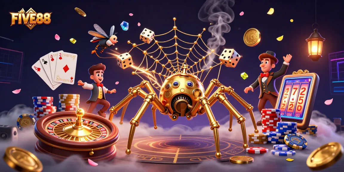 Join the excitement at FIVE88 with dynamic casino elements featuring golden coins and 3D illustrations.