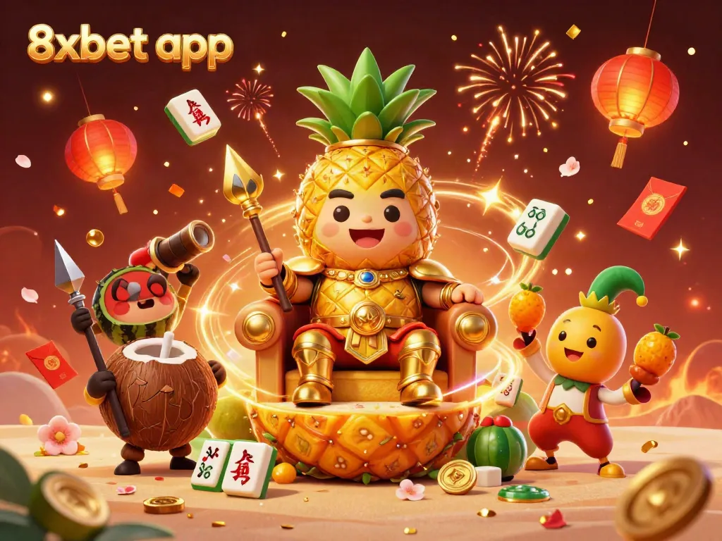 Experience excitement with the 8xbet app; dynamic casino scene featuring colorful characters and celebratory elements.
