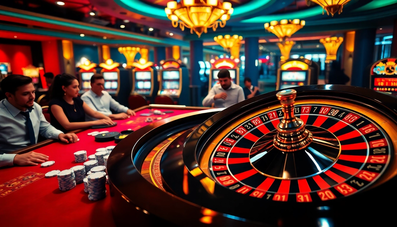Experience thrilling gameplay at https://www.bdjl.win/ with a vibrant casino scene showcasing a roulette table in action.