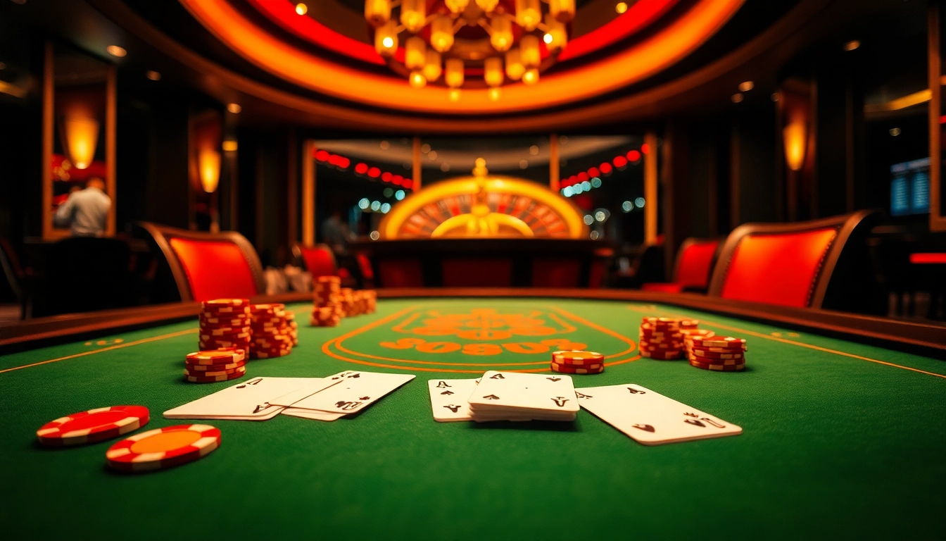 Players enjoying poker at 28bet casino table with vibrant décor and professional atmosphere.