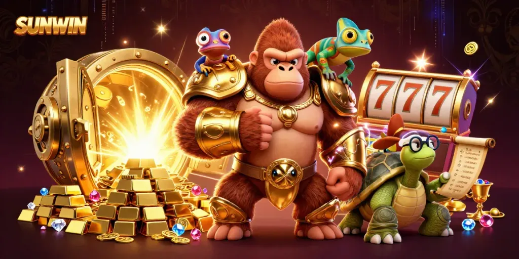 SUNWIN's powerful gorilla king and clever chameleon explore vibrant casino riches in this dynamic gaming scene.