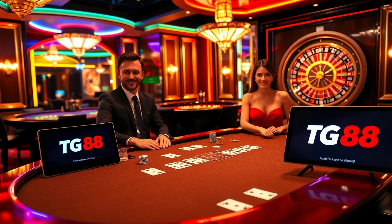 Gamblers excitedly play blackjack at TG 88's elegant casino, surrounded by luxury and vibrant lights.