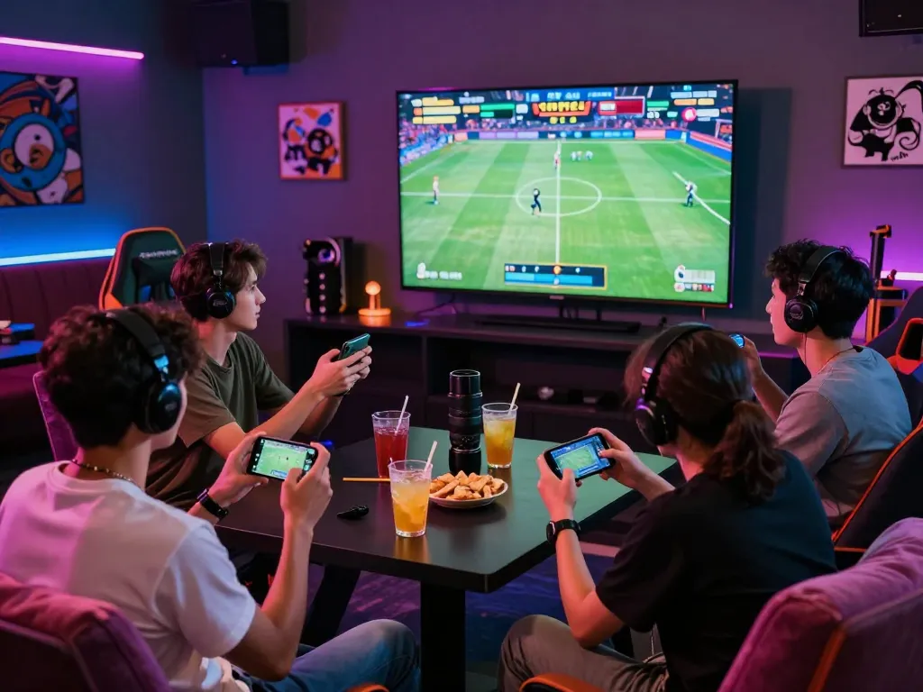 79 King gaming lounge with friends enjoying live sports and fishing games, vibrant atmosphere.