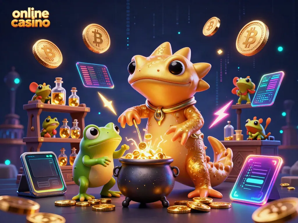 Engaging scene depicting a magical online casino environment with alchemy characters and cryptocurrency elements.