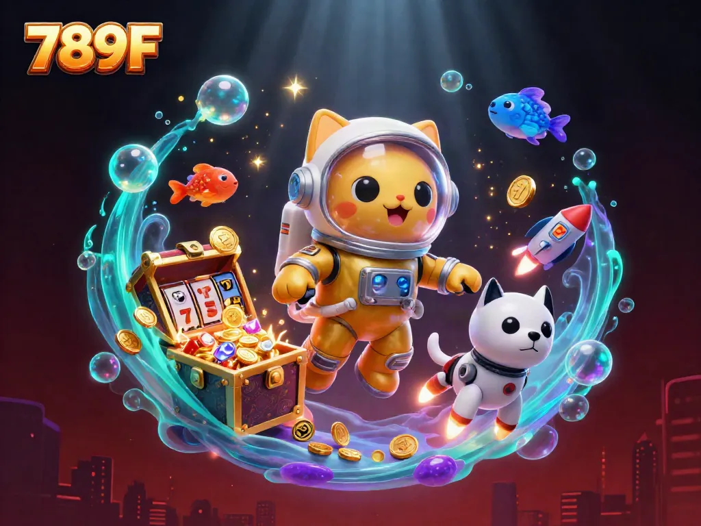Immerse yourself in the action at 789F with vibrant slots, jackpot counters, and a playful astronaut cat.