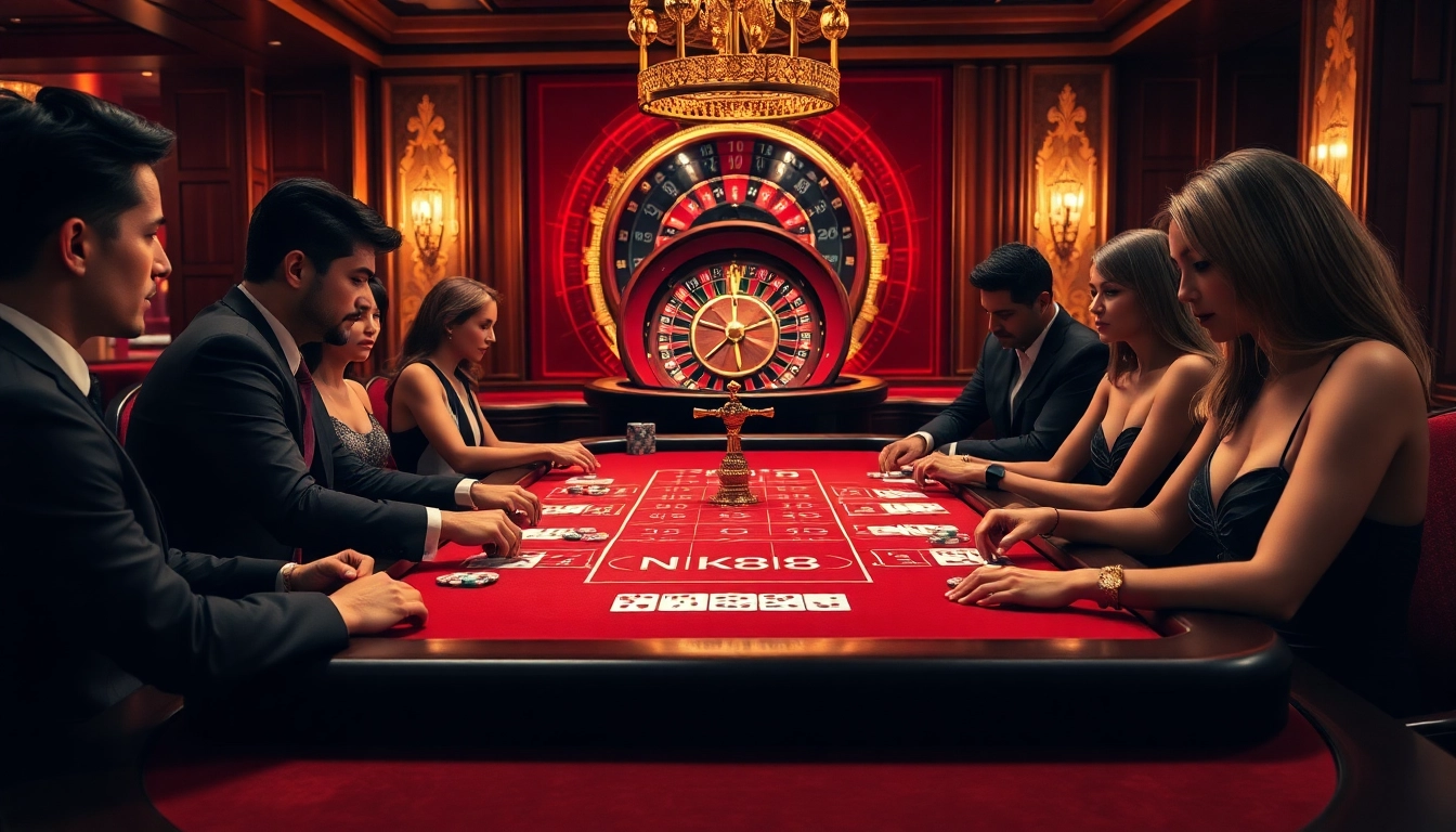 Players enjoying a high-stakes poker game at an elegant casino table under warm lighting, highlighting NK88 branding.