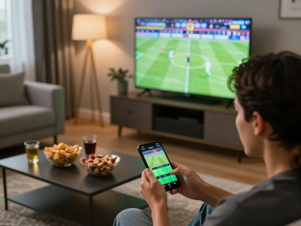 Engaged user placing bets on the cakhia app while watching live soccer, capturing home sports betting excitement.